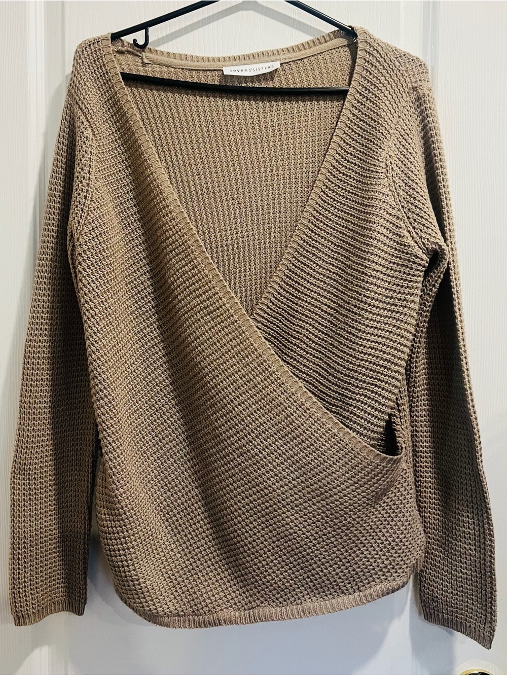 Seven Sisters Taupe Wrap V-Neck Waffle Knit Sweater